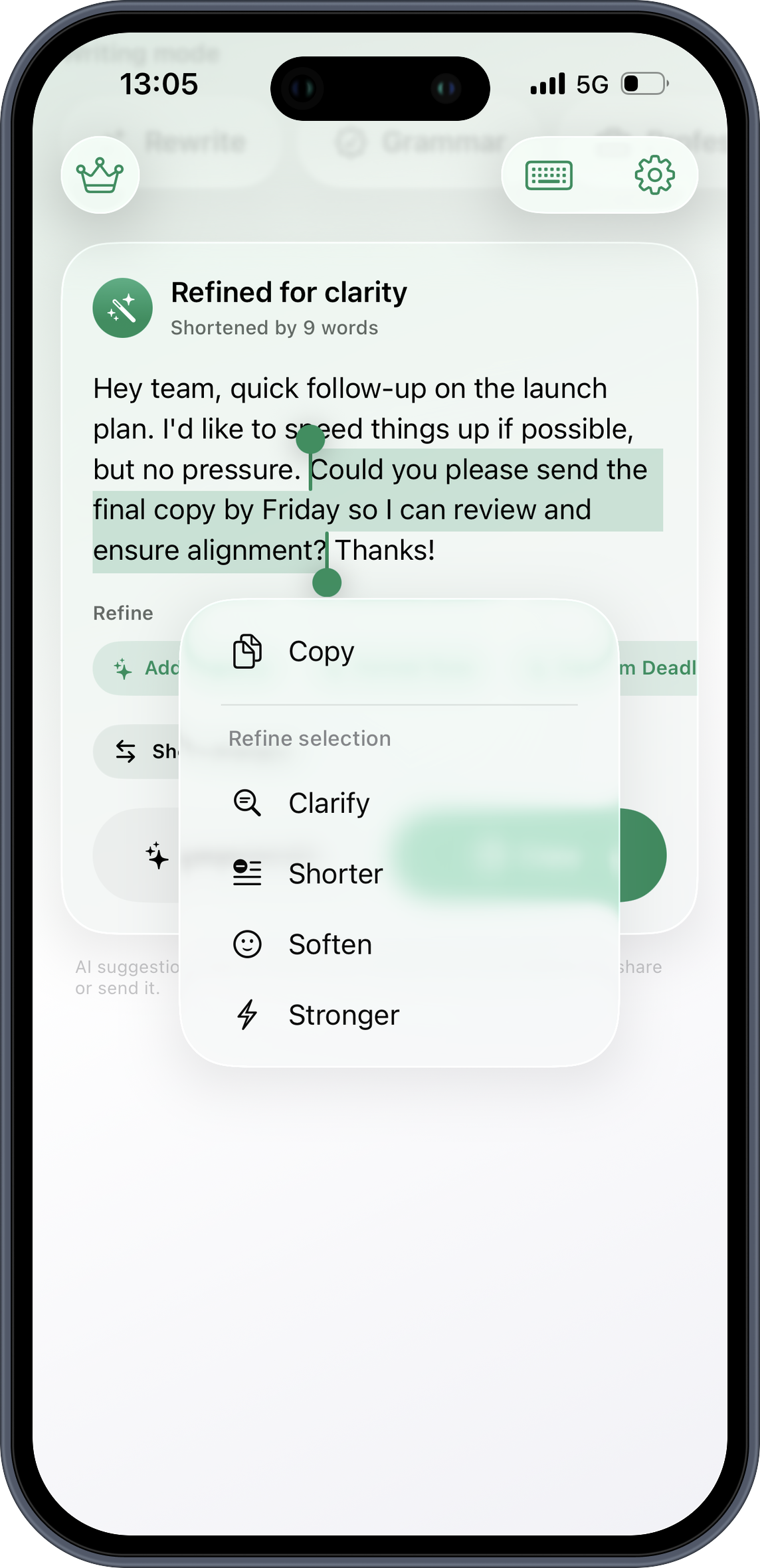 QKeyboard refining selected text on iPhone