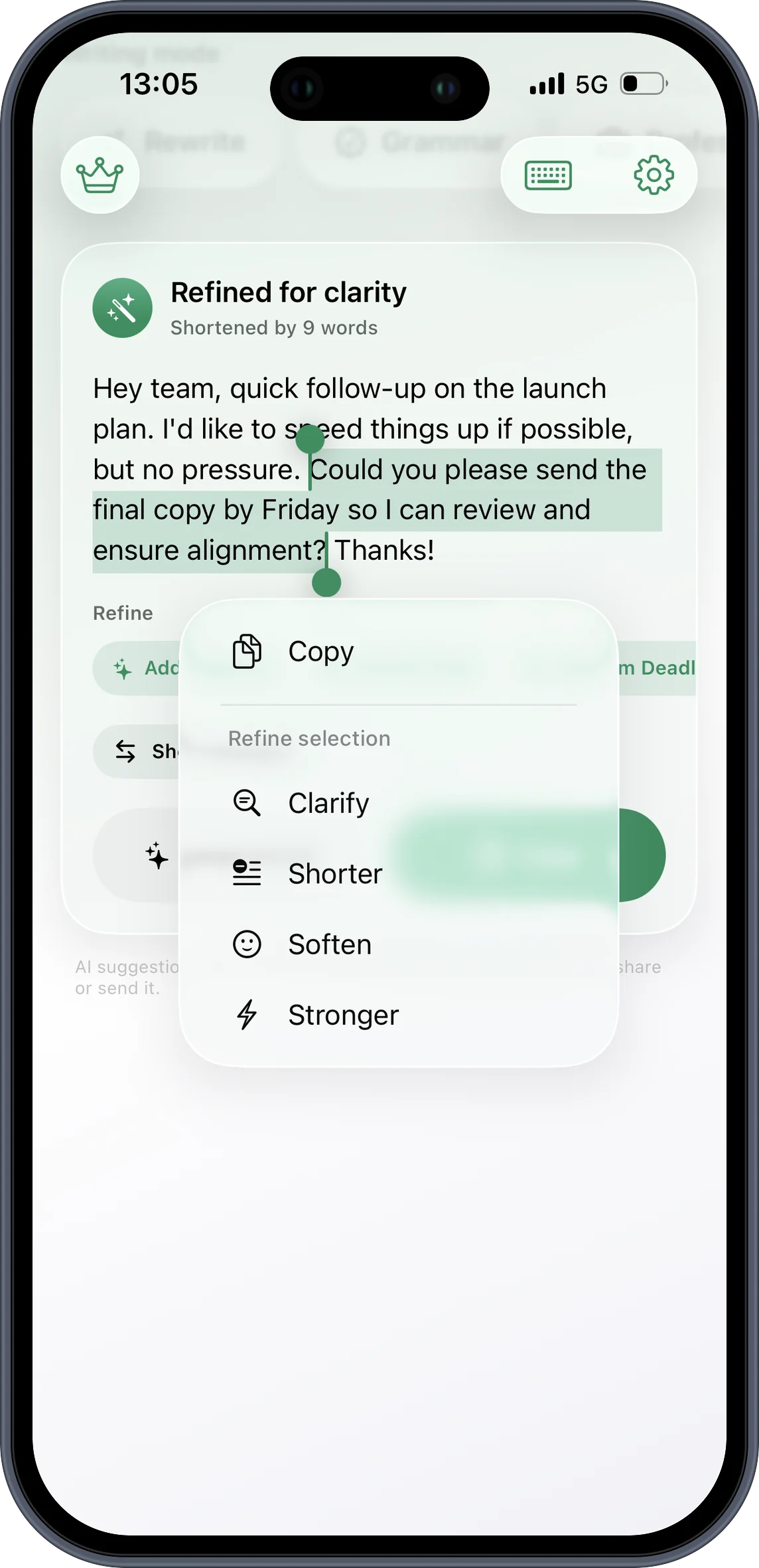 QKeyboard selected-text refinement on iPhone